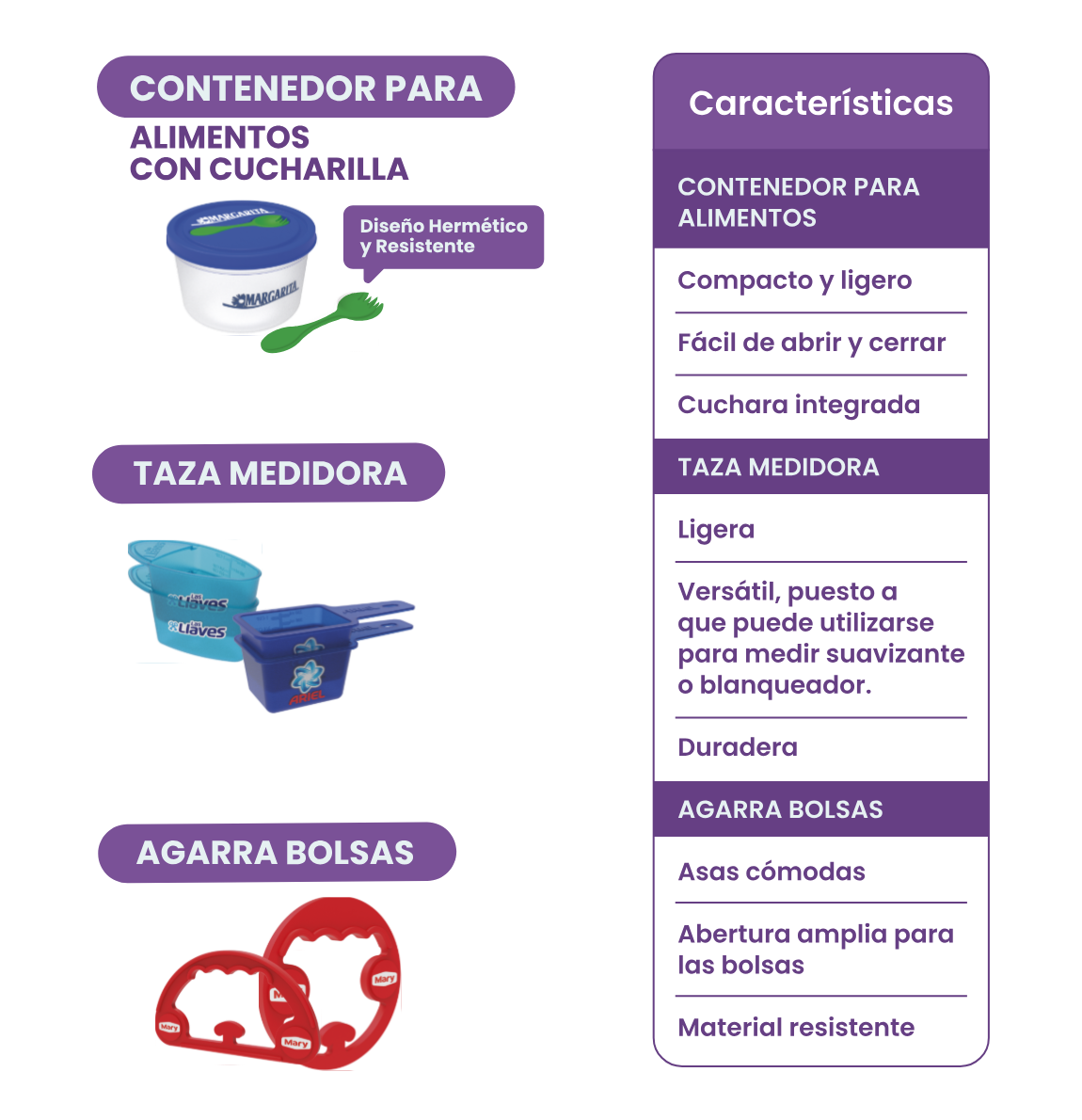 Contenedor para alimentos, taza medidora y agarra bolsas